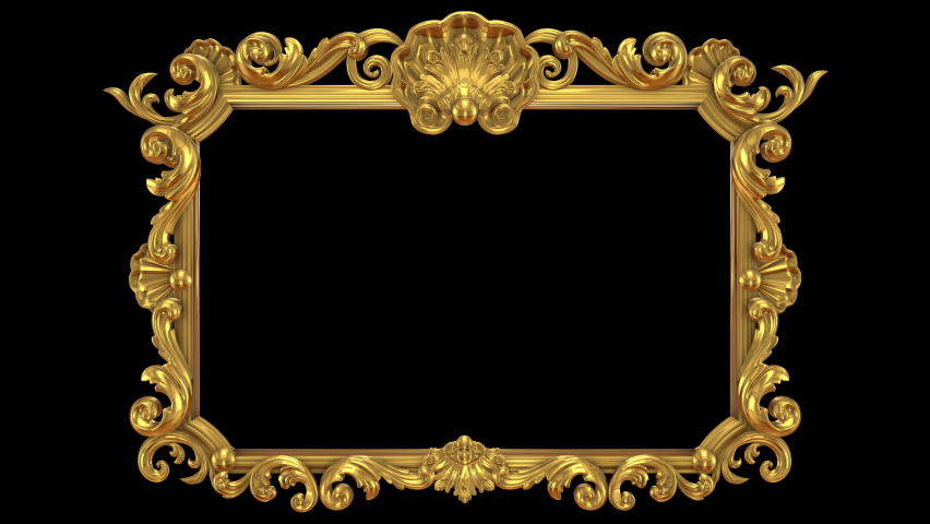 Baroque, golden, antique, rectangular picture or mirror frame, richly decorated, rococo ornaments, 3D looping animation with alpha matte. Front view, gently moving lights and reflections. | Shutterstock HD Video #1092137587