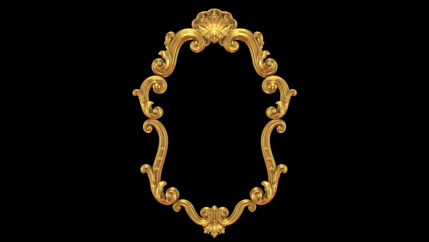 Royal Rococo or Baroque style gold vertical shaped mirror or picture frame with carved filigree ornaments. richly decorated 3D looping animation with alpha matte. Gently moving lights and reflections. Royalty-Free Stock Footage #1092137749