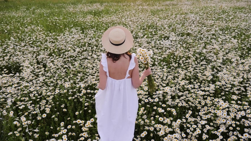 woman in a white dress and hat walks through a field with daisies in the evening at sunset in summer