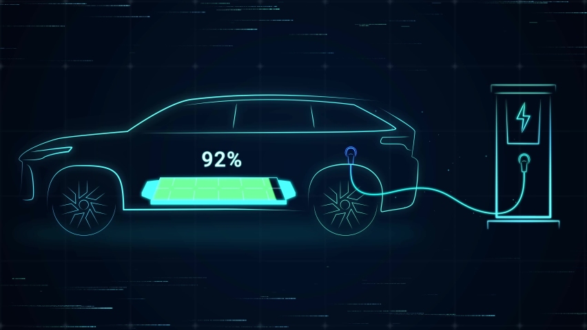 Electric Vehicle fully charging battery using DC fast charger, smart information EV power station status display, futuristic design hybrid car power level indicator UI interface 3d rendering