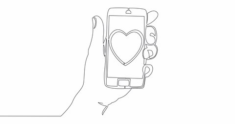 Self drawing line animation mobile phone with heart continuous line drawn concept video