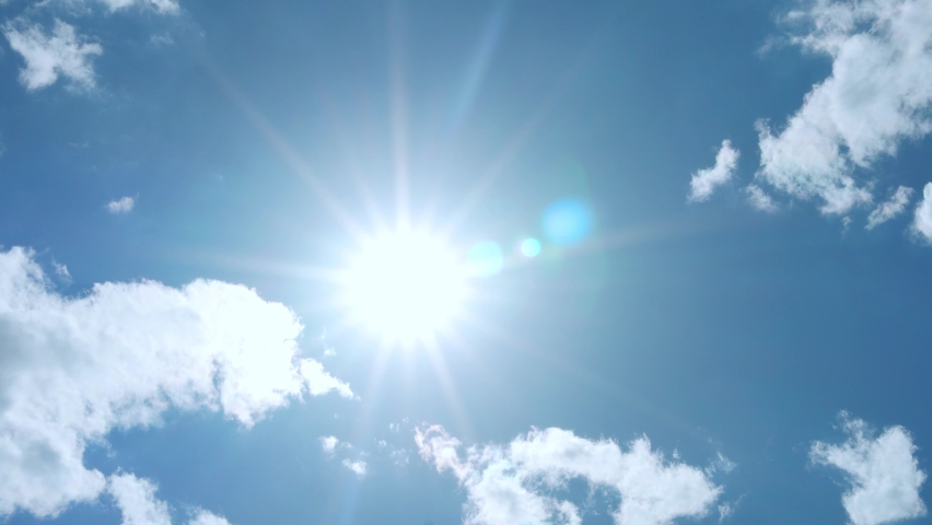 Sun in Pure Blue Sky Few White Clouds, Time lapse, Air Plane Window, Beautiful Aerial View, Drone Shooting. Sunlight, Sunshine, Rays, Sun Glare. Sunny Blue Skyscraper. Natural Background 4k.