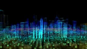 City skyscrapers from bright and glowing neon particles and blue lights. Digital visualization 3d technology. Seamless loop 4k video.