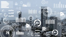 Business data analytic interface fly over smart city showing alteration future of business intelligence. Computer software and artificial intelligence are used to analyze big data for strategic plan . - Powered by Shutterstock - Get 15% off with code: PIKWIZARD15