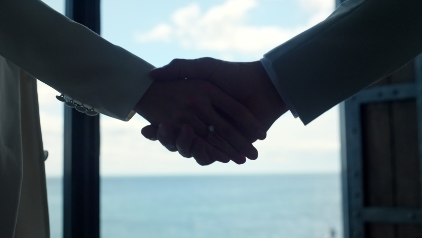 Partners shaking hands ocean view closeup. Close up business team handshake successful deal cooperation. Unrecognized manager greeting client in office room. Agreement people hand shake concept 