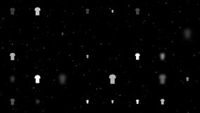 Template animation of evenly spaced t-shirt symbols of different sizes and opacity. Animation of transparency and size. Seamless looped 4k animation on black background with stars