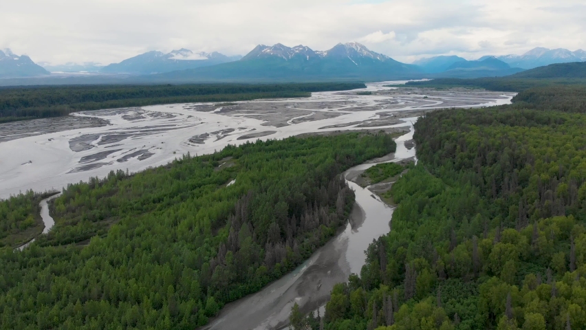 4K Drone Video of Chulitna River and Boreal Forest near Denali State Park in Alaska