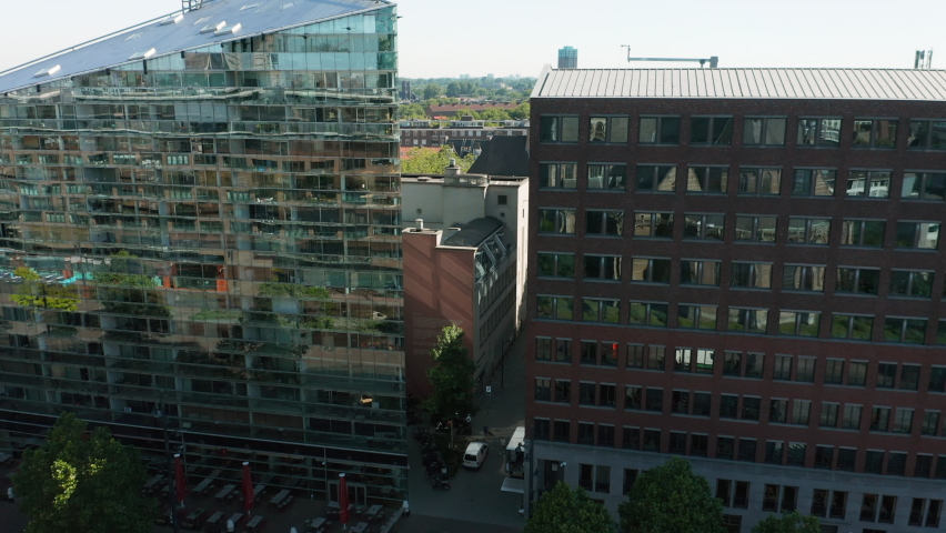 High-rise Buildings And Touristic Edifice Of Motto By Hilton Hotel In The City Centre Neighborhood Of Rotterdam, Netherlands. Drone Forward