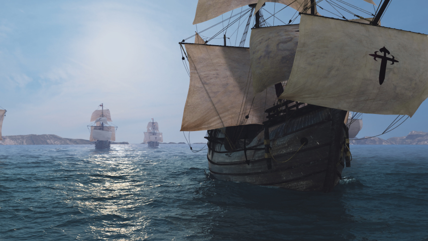 3D-animated historical scientific based reconstruction of a spanish galleon fleet 16th century expedition sailing in front of islands into the atlantic ocean to circumnavigate the world 4K Royalty-Free Stock Footage #1092207553
