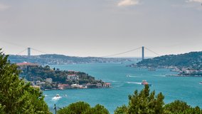 Bosphorus Bridge (15 July Martyrs Bridge) and Istanbul on a sunny summer day. Time lapse panorama clip taken in Otagtepe Park, Istanbul, Turkey