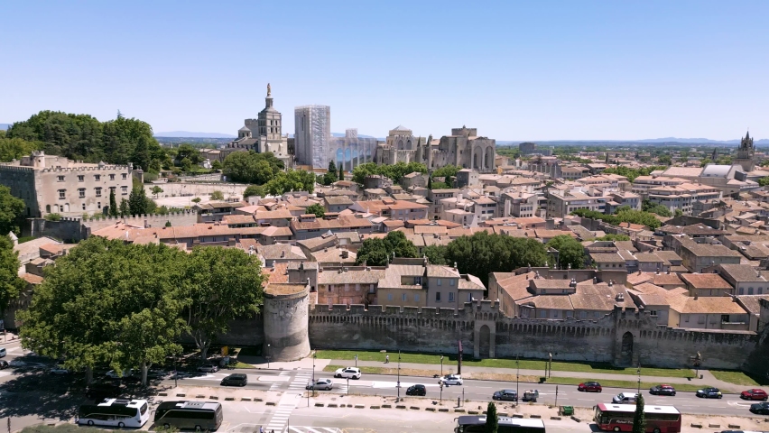Aerial view of Palace of the Popes and Avignon Cathedral, France