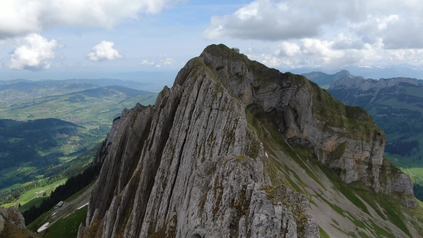 Drone over the Shafler mountain ridge in Appenzell Alps, Switzerland, Europe