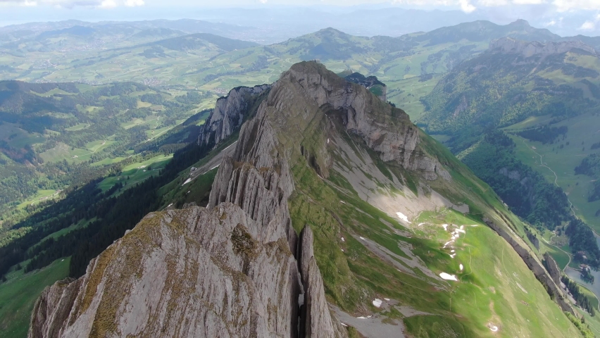 Drone shot of the Shafler mountain ridge in Appenzell Alps, Switzerland, Europe