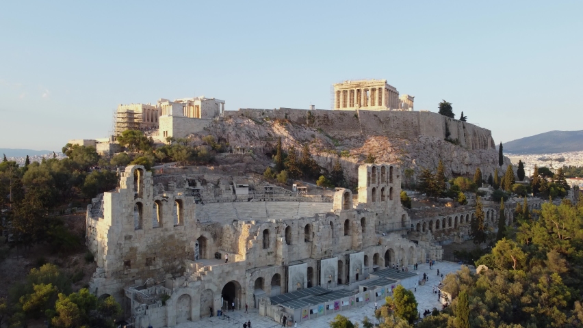 Aerial view of the Acropolis in Athens at the sunset - tilt up Royalty-Free Stock Footage #1092214753