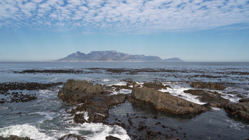 Establishing shot showing Cape Town, South Africa, as seen from Robben Island.