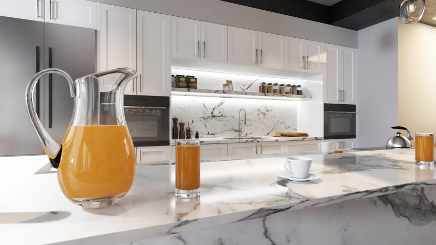 Modern interior design of the kitchen. Stylish interior of the kitchen countertop breakfast room. 3d visualization | Shutterstock HD Video #1092222915