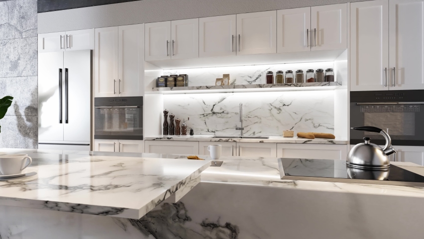 Modern interior design of the kitchen. Stylish interior of the kitchen countertop breakfast room. 3d visualization | Shutterstock HD Video #1092222915