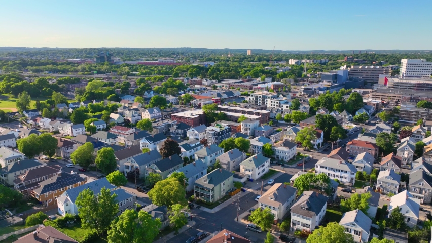 Brighton historic residential houses aerial view in city of Boston, Massachusetts MA, USA. 