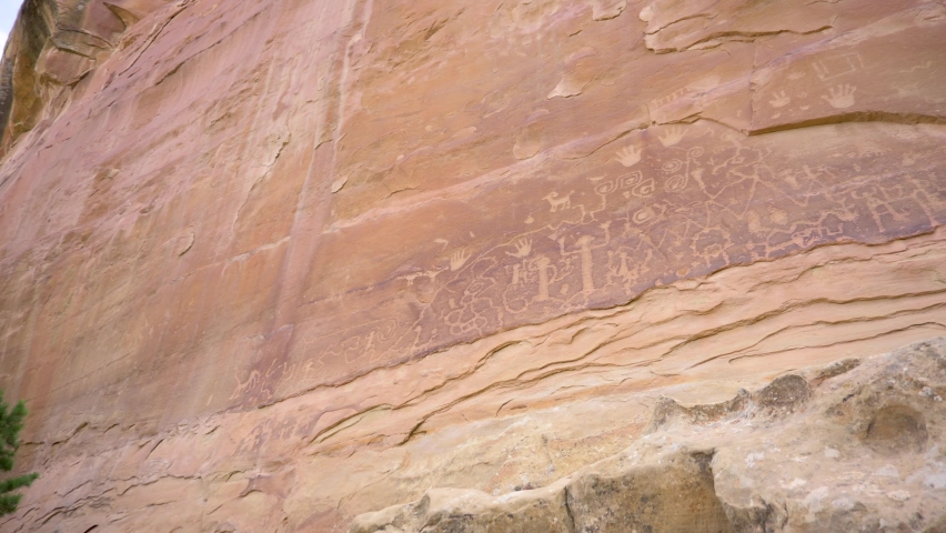 Close up of Petroglyphs from Ancestral Puebloan in Mesa Verde National Park, pan