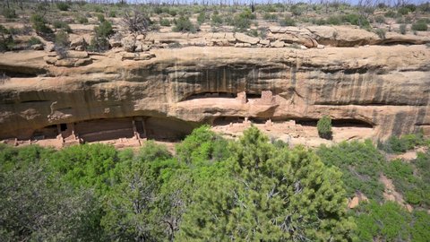 Fire Temple cliff dwelling viewed from overlook in Mesa Verde National Park, pan