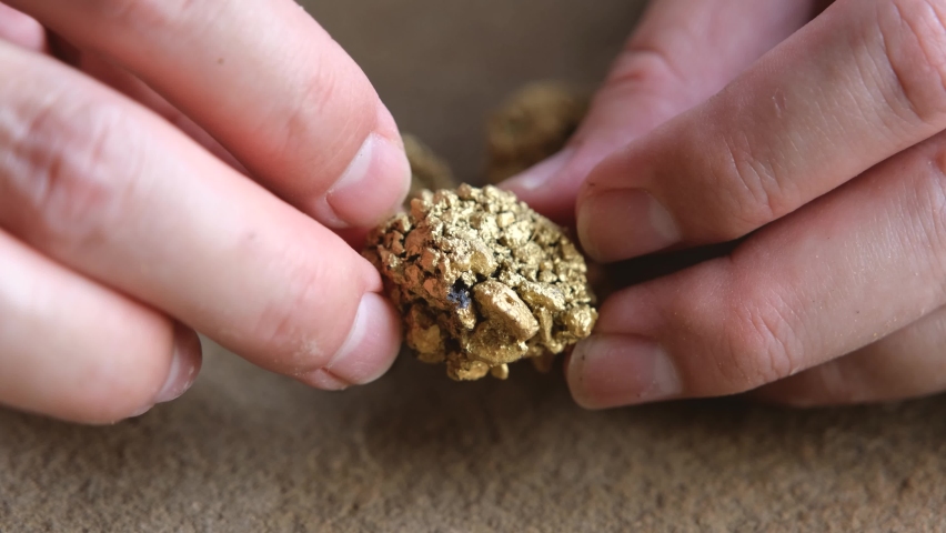 The man's hand was holding the gold ore found in the mines.	