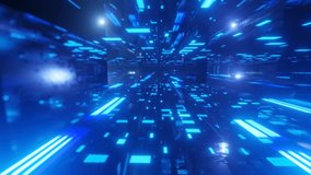 Fly through technology cyberspace with neon glow. Sci-fi flight through hi-tech technology tunnel. Hologram and neon light. 3d looped seamless 4k bright background. Data flow, metal blocks in the air - Powered by Shutterstock - Get 15% off with code: PIKWIZARD15