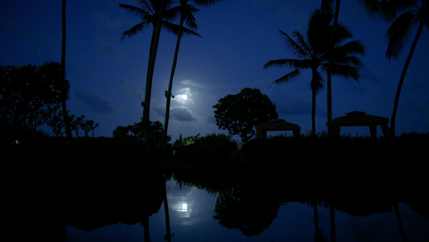 Moonlight over tropical lagoon with palm trees. Full moon glowing in blue night sky with bright stars. Full moon glow over beach resort at night. Cinematic night slow motion at tropical Hawaii island