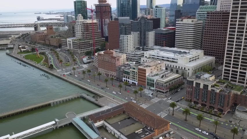 Aerial view overlooking traffic on the Embarcadero, in cloudy San Francisco, USA