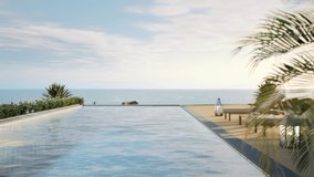 Luxury beach house with sea view swimming pool and terrace in modern design. Lounge chairs on wooden floor deck at vacation home or hotel. 3d illustration of contemporary holiday villa exterior. - Powered by Shutterstock - Get 15% off with code: PIKWIZARD15