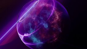 3d render of abstract art video animation with 3d ball in explosion process based on small ball spheres or bubbles particles in orange red purple and blue gradient color on isolated black background