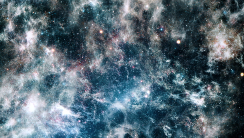 Space nabula exploration travel through Large Magellanic Cloud galaxy abstract background  . Animation of flying through glowing nebulae, clouds and stars. 4K flying through the clouds and star field 