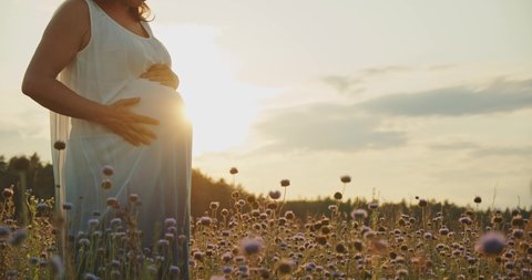 White pregnant woman in a beautiful dress touching her belly while sunset. Pregnant woman with a big belly outdoors. Expecting mother stroking belly on nature.   Woman pregnancy concept.