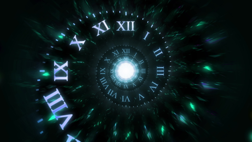 Dark Twisted Clock Face Time Spiral Cyan Mystical Animation with Glowing Roman Numerals Royalty-Free Stock Footage #1092238083