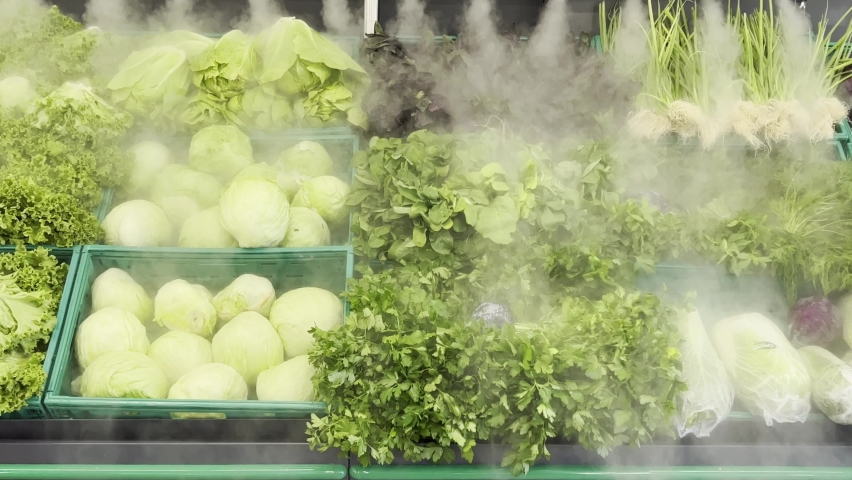 Beautiful fresh greenery food under cooling water steam. Salad at the supermarket sprayed with mist water from nozzles to keep it more appealing. Bundles of green herbs under a misting system Royalty-Free Stock Footage #1092238303