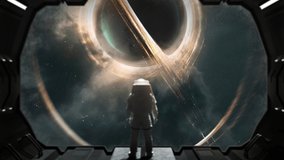 3D render of Astronaut looks at black hole and event horizon. 4K realistic science fiction animation. Elements of image provided by Nasa