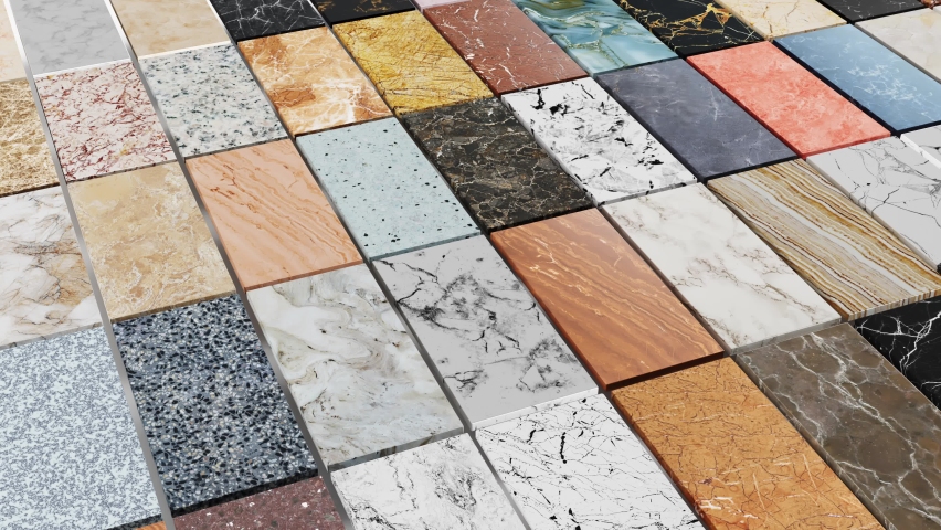 Close shot of countertops granite and marbles made of stone slab. Kitchens and bathrooms countertop selection. 3d visualization shot of samples. Royalty-Free Stock Footage #1092247701
