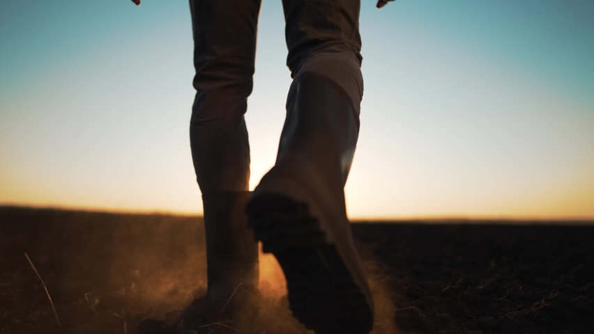 Agriculture. Farmer in rubber boots outdoors in field. Working agronomist walk on black earth soil. A man runs at sunset in a field. Farmer inspects fertile soil for the harvest. Agriculture concept Royalty-Free Stock Footage #1092249823