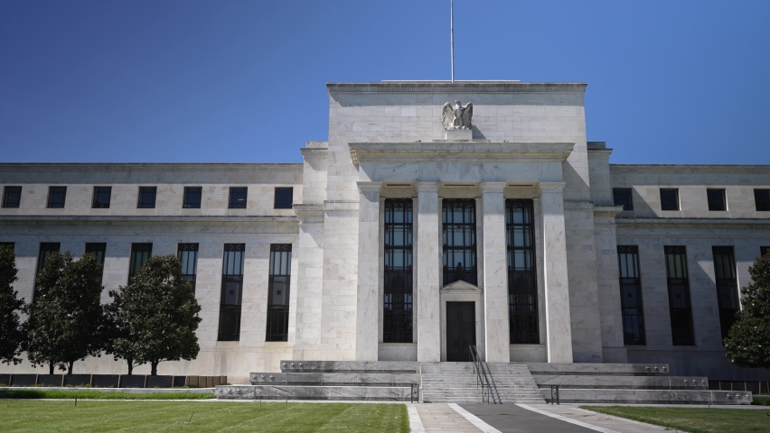 Trucking view of front of the federal reserve government Eccles building in Washington, DC where inflation financial policy is made. Royalty-Free Stock Footage #1092251987