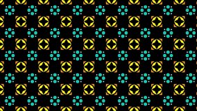 Mixed pattern original design and digital drawing abstract background animation scrolling right black, yellow, aquamarine geometrical shapes