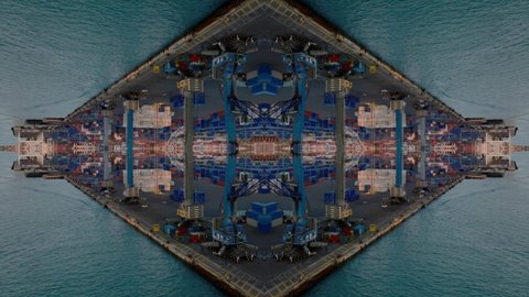 Containers and cranes in cargo harbour surrounded by blue water. Transport and logistics. Abstract computer effect digital composed footage