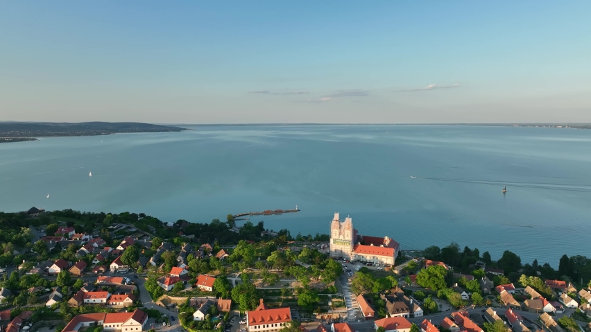 Aerial view of Tihany village overlooking Lake Balaton in Hungary