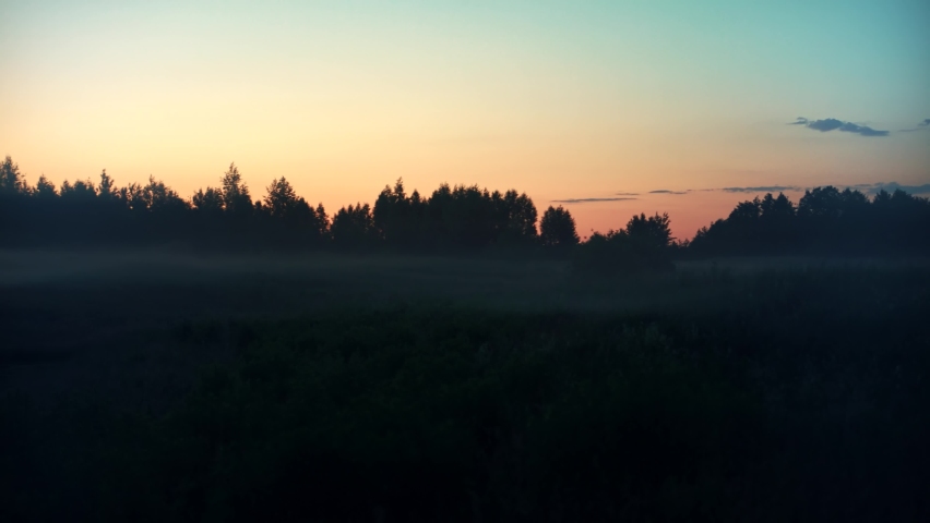 Vibrant Fog Field Sunset. Idyllic Landscape Farm. Magical Evening Countryside Fog. Rural Meadow Sunlight Haze. Scenic Mist Sunrise. Foggy Atmospheric Morning.Mystery Valley Panoramic Sunbeam Dawn Mist