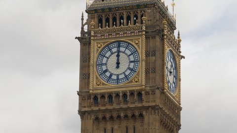  London, United Kingdom, May 2022. Big Ben tower, close up of clock at 12 o'clock.