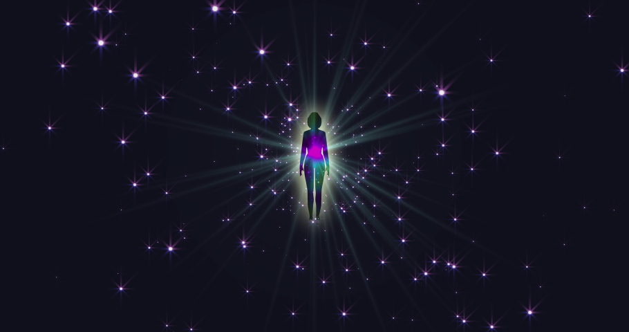 A looped 3D animation of the enlightenment of the multi-colored energy of the human aura fields forming diverging patterns around the meditating person. Video for VJing. 3D Illustration Royalty-Free Stock Footage #1092270221