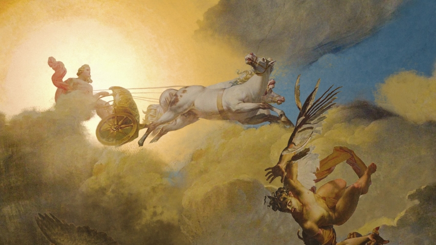 The sun or the fall of Icarus, ceiling painting in the Louvre, artist Merry-Joseph Blondel 1819. Animation. art history. animated picture art Royalty-Free Stock Footage #1092270847