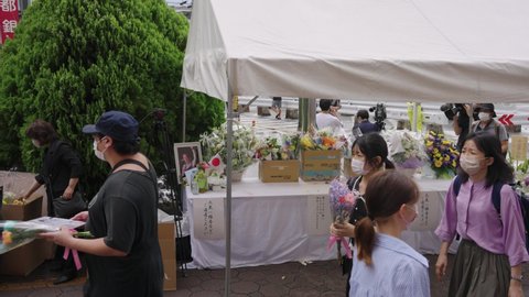 Nara , Japan - 07 09 2022: Shinzo Abe Assassinated in Nara Japan, Memorial Flowers at Site of Death