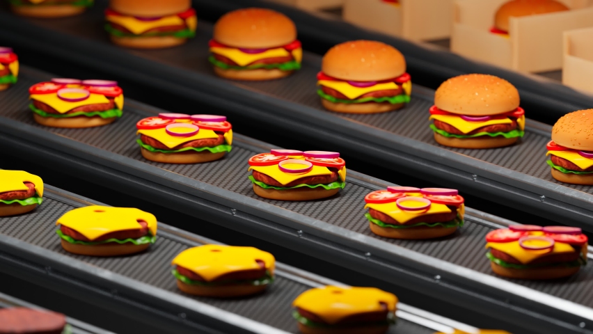 Production line filled with hamburger ingredients. Different steps of assembling a sandwich on a conveyor belt. Factory of the food. Packed burgers in the background. Endless looping animation. 4K HD Royalty-Free Stock Footage #1092277617