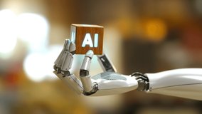 A white, shiny metallic robotic arm holds a wooden cube with an AI icon. Modern technology managing the human home. The artificial intelligence controls smart home devices. Render CGI. 4K. - Powered by Shutterstock - Get 15% off with code: PIKWIZARD15