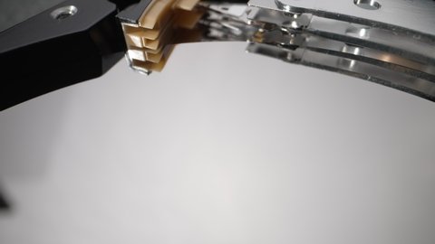 Head block disassembled hard drive Close-up Slow motion