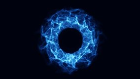 Animated neon symbol of ring of fire. Glow logo frame. Design of moving blue iris of eye. Circle of pure energy. Flaming hoop. Screensaver Cosmic. Fire Gate. Background business, technology. 4k